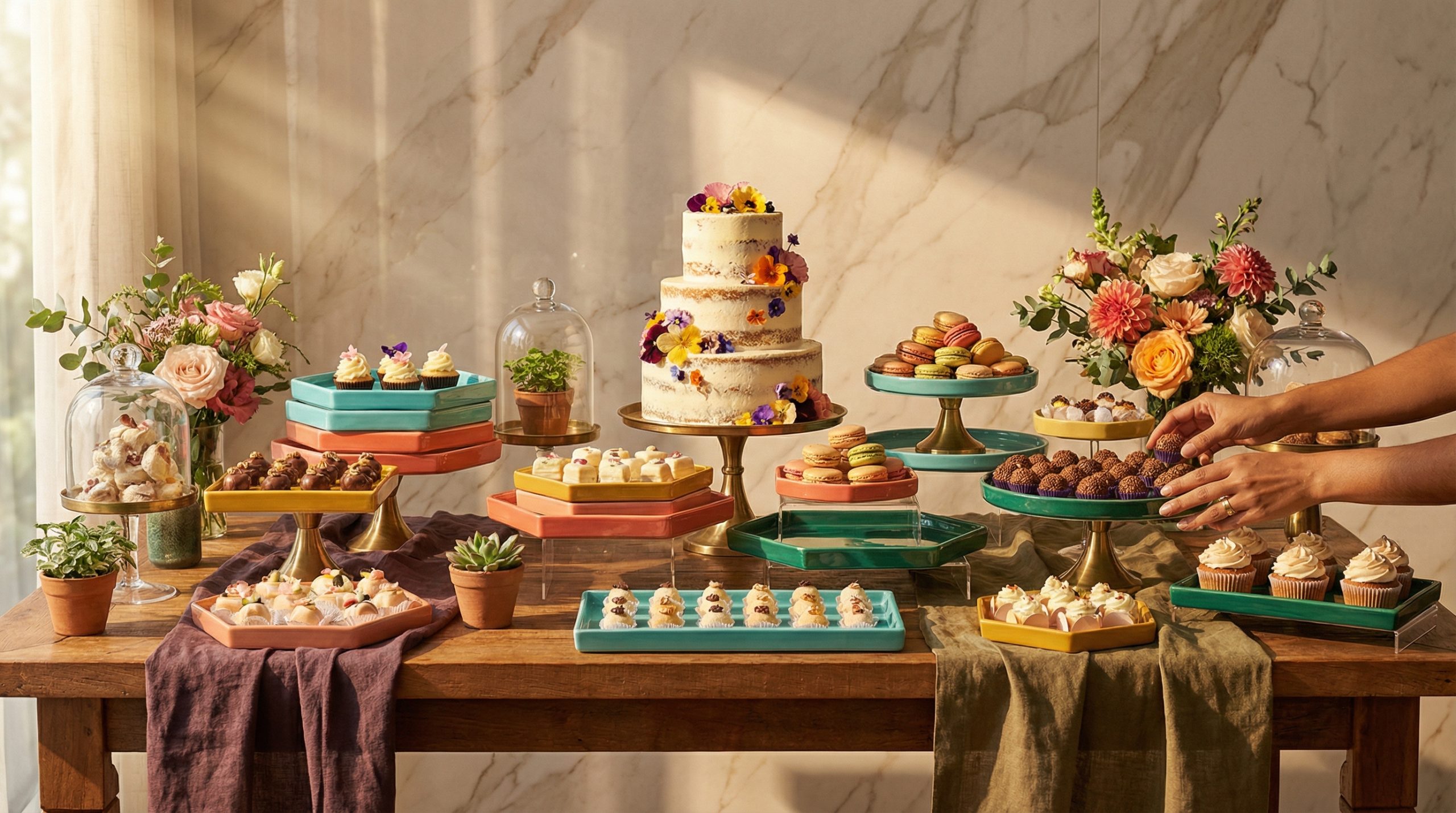 Bandejas coloridas quebram a rigidez da Mesa e Doces